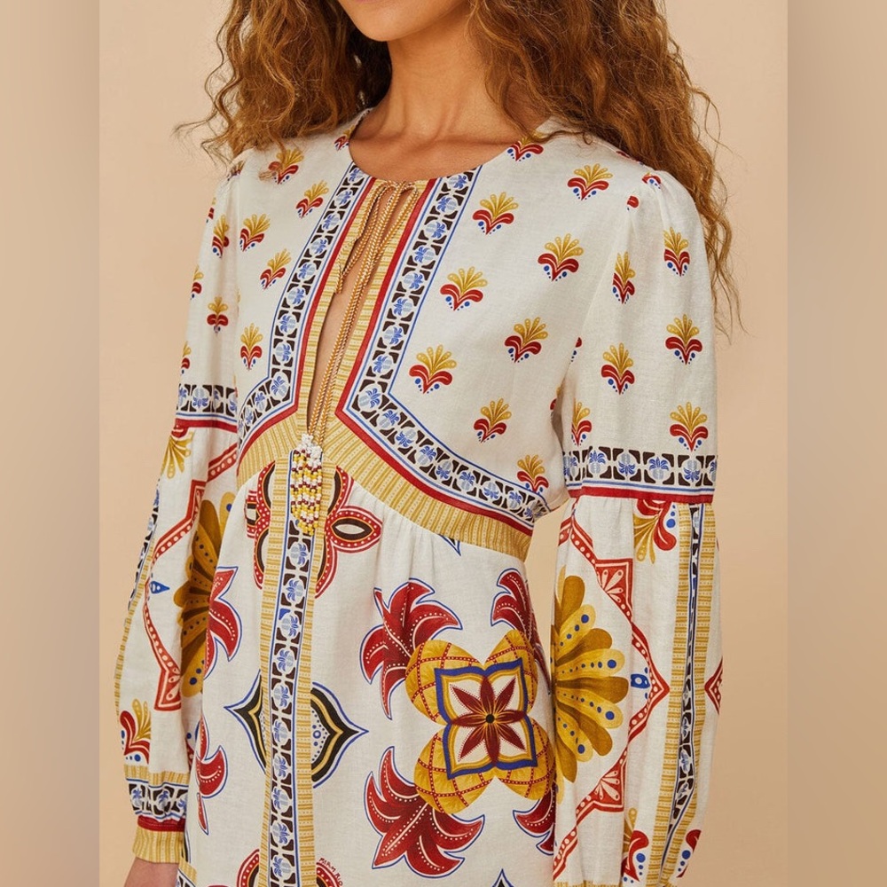 Farm Rio Off-White Bright Multi Tile Print Lightweight Long Sleeve Mini Dress: M - Picture 7 of 13